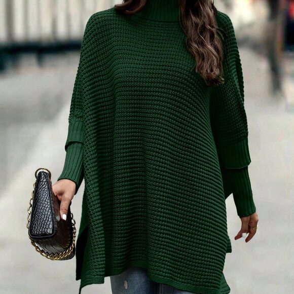 Dark Green Casual Women's Turtleneck Batwing Sleeve Poncho Sweater top - Picture 6 of 7